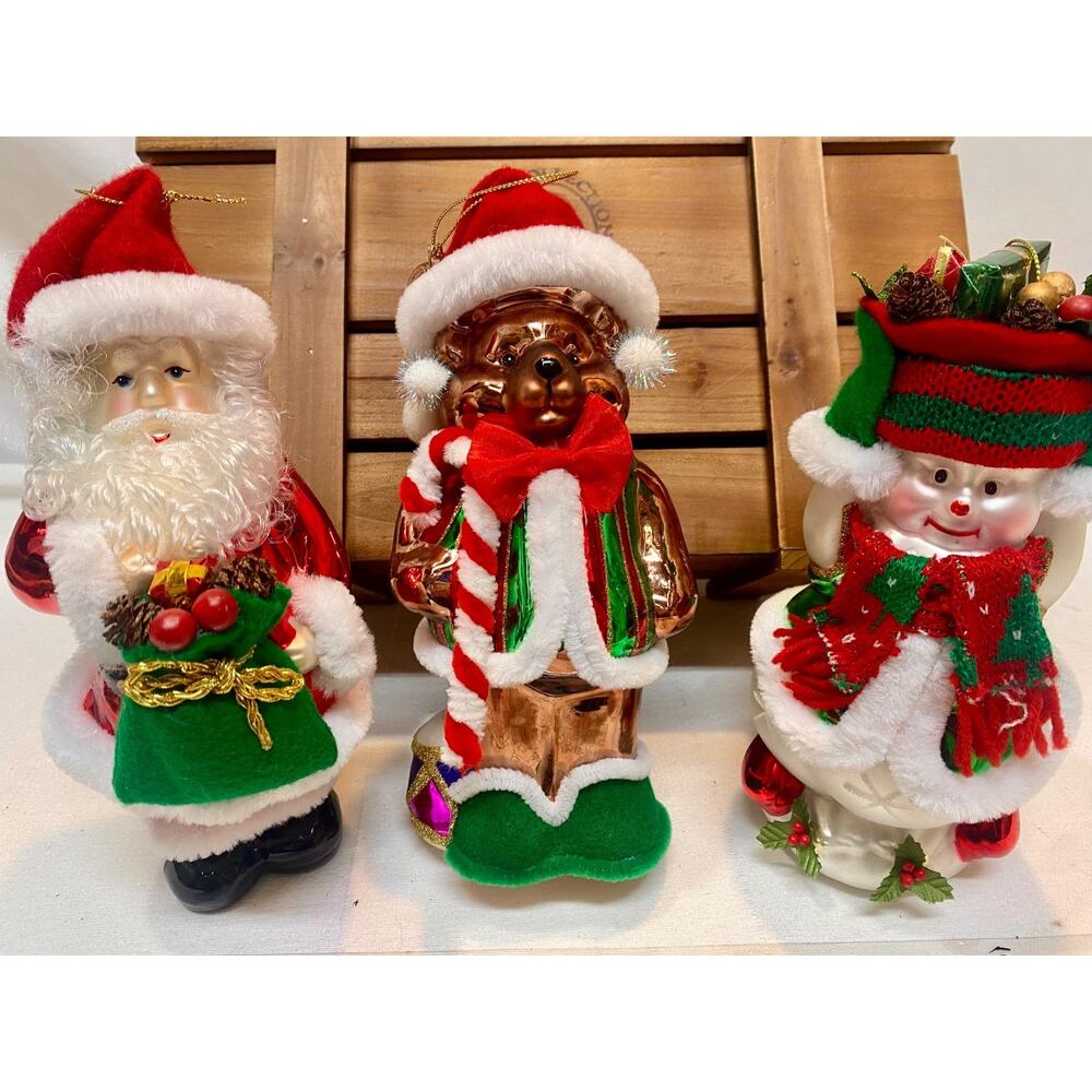 2003 Christmas Ornaments Wood Box Thomas Pacconi Teddy Bear Santa Snowman Glass